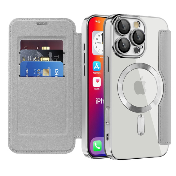 Klopové pouzdro pro iPhone 16 Pro Max, RFID Wallet MagSafe CamShield, stříbrné