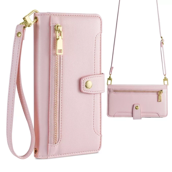 Klopové pouzdro pro iPhone 16E, Wallet Zipper Pocket, růžové