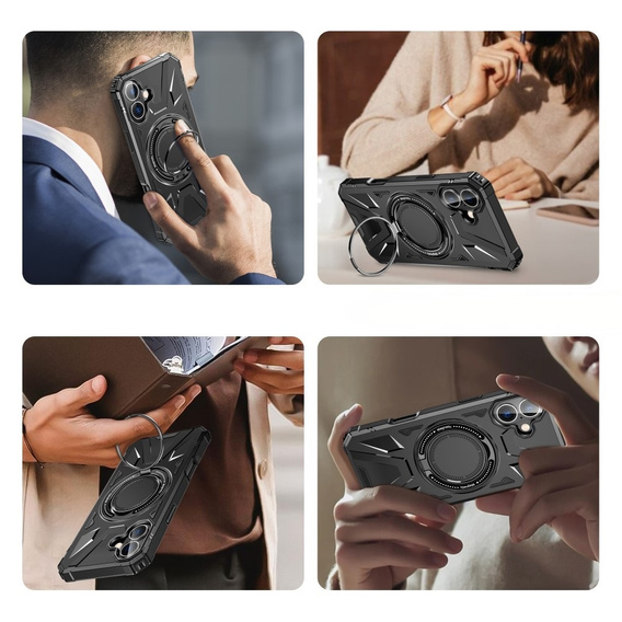 Pouzdro pro iPhone 16, pancéřované se stojánkem a deskou na rukojeť, černé