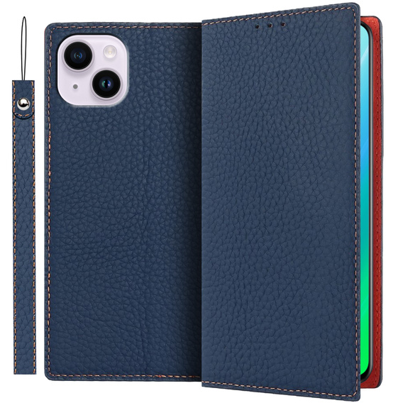 Klopové pouzdro pro iPhone 14 Plus, Litchi Skin Grain, námořnicky modré