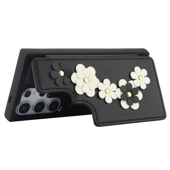 Pouzdro pro Samsung Galaxy S25 Ultra, Leather Flower Card Slot, černé