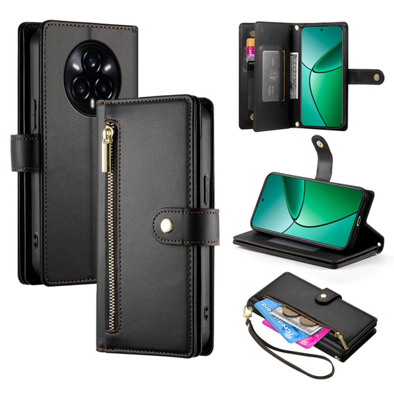 Klopové pouzdro pro Realme 14 Pro 5G, Wallet Zipper Pocket, černé