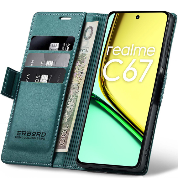 Pouzdro pro Realme C67 4G, ERBORD Glossy Litchi, flipová peněženka, zelené