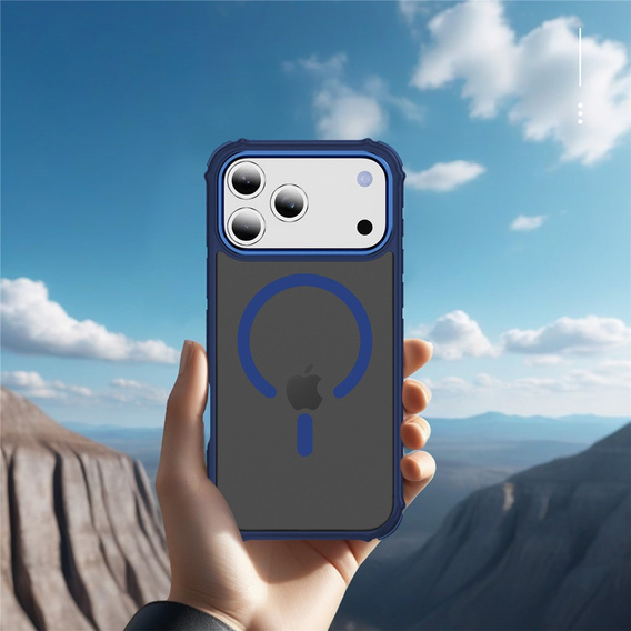 Matné pouzdro pro iPhone 17 Pro Max, pancéřované, pro MagSafe, kouřové s modrými boky