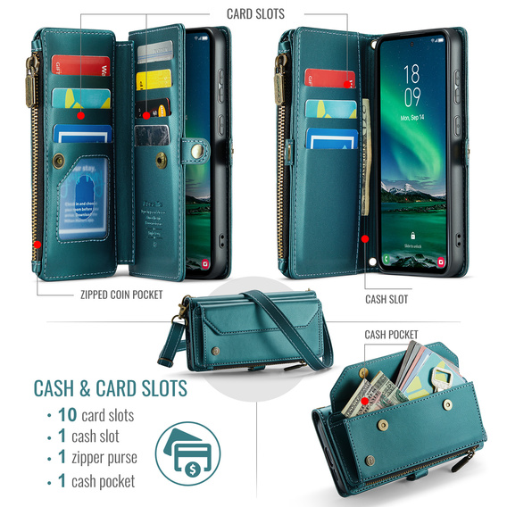 Pouzdro CASEME pro Samsung Galaxy S25 FE, RFID Leather Wallet, s popruhem přes rameno, zelené