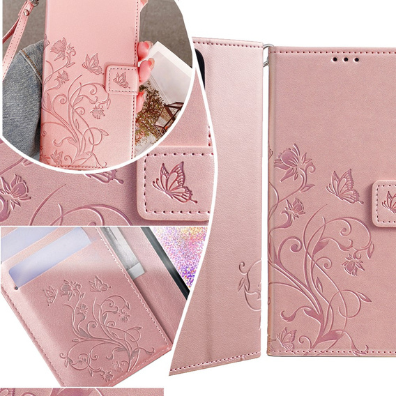 Klopové pouzdro pro Motorola Moto E14, Butterfly, růžové rose gold
