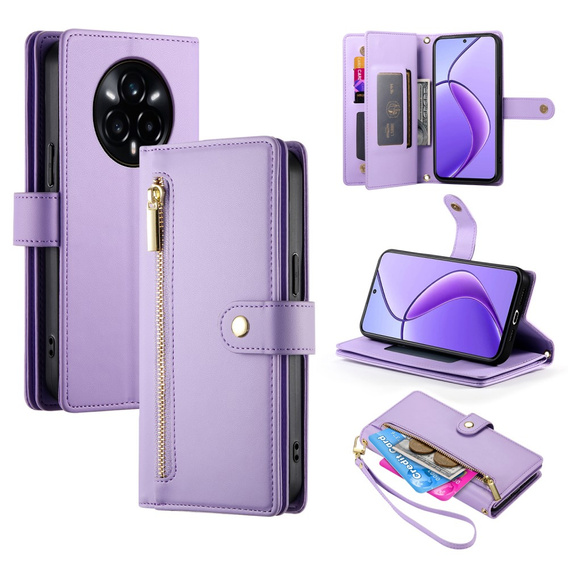 Klopové pouzdro pro Realme 14 Pro+ 5G, Wallet Zipper Pocket, fialové