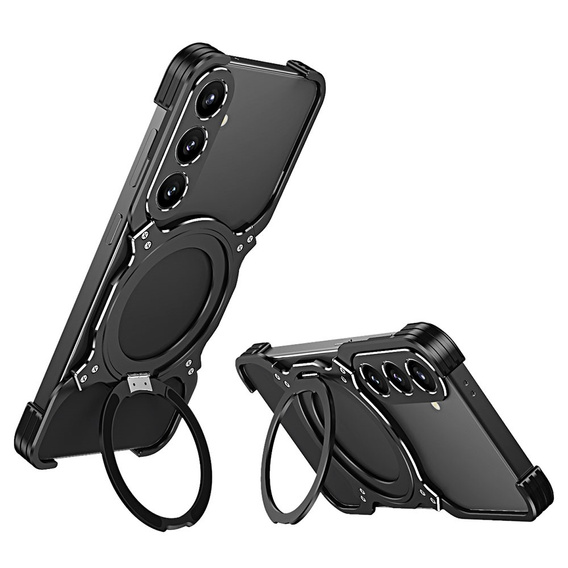 Pouzdro pro Samsung Galaxy S25, Kickstand Bumper, s krytem objektivu, pro MagSafe, černá / stříbrná