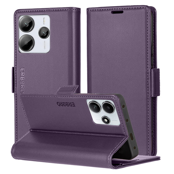 Pouzdro pro Xiaomi Redmi Note 14 5G, ERBORD Glossy Litchi, flipová peněženka, fialové
