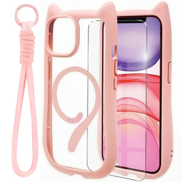 Pouzdro pro iPhone 11, pro MagSafe, Cute Cat, růžové + sklo na displej