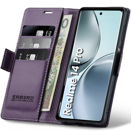 Pouzdro pro Realme 14 Pro 5G, ERBORD Glossy Litchi, flipová peněženka, fialové