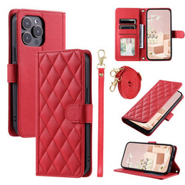Pouzdro s klopou pro iPhone 16 Pro, Rhombus Crossbody Leather, červené