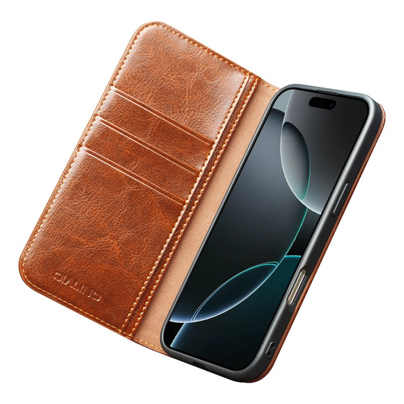 QIALINO Flipové pouzdro z pravé hovězí kůže pro iPhone 17 Pro Max, hnědé