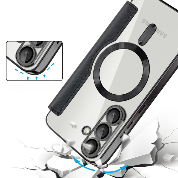 Klopové pouzdro pro Samsung Galaxy S25, RFID Rhombus Wallet MagSafe CamShield, černé