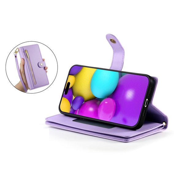 Klopové pouzdro pro iPhone 16 Plus, Wallet Zipper Pocket, fialové