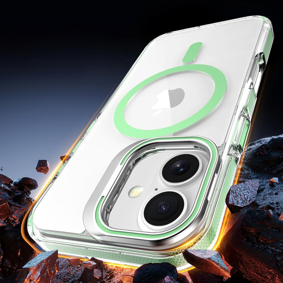 Pouzdro pro iPhone 17, pro MagSafe, se stojánkem, průhledné se zelenými vložkami