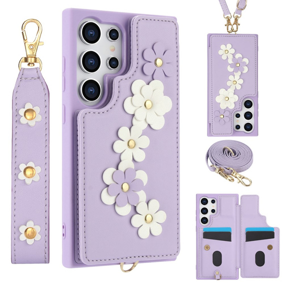 Pouzdro pro Samsung Galaxy S24 Ultra, Leather Flower Card Slot, fialové