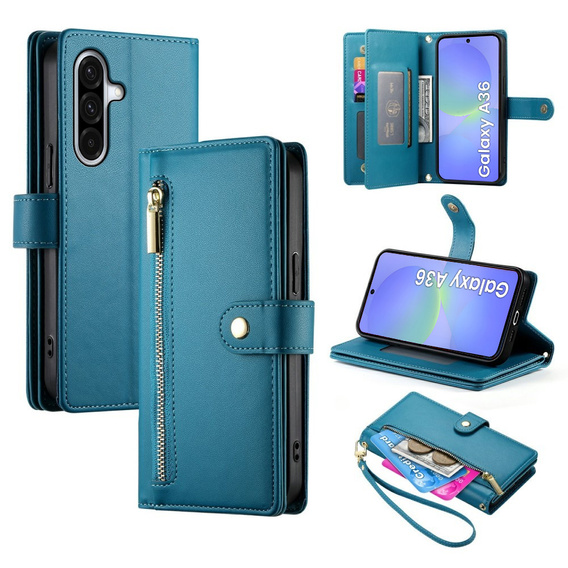 Klopové pouzdro pro Samsung Galaxy A36 5G, Wallet Zipper Pocket, modré