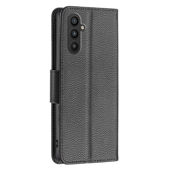 Klopové pouzdro pro Samsung Galaxy A25 5G, Wallet Litchi Leather, černé + 9H sklo 