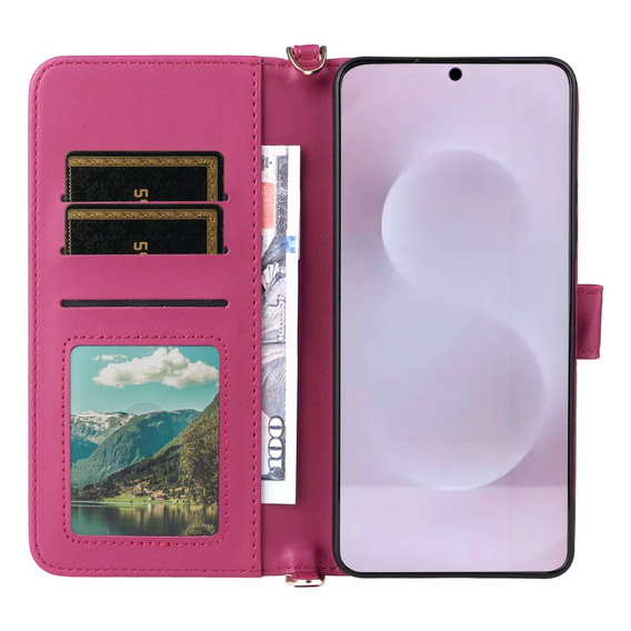 Flipové pouzdro pro Samsung Galaxy S25 Edge, Crossbody Leather Wallet, kaštanové