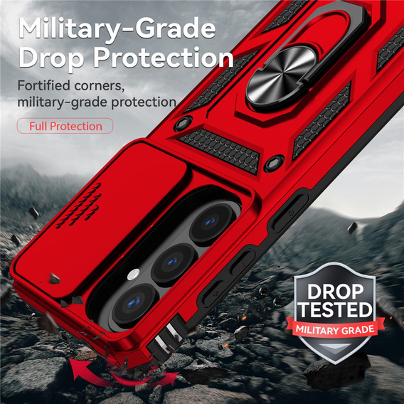 Pevné pouzdro s podstavcem a krytem objektivu pro Samsung Galaxy S26 Plus, červené