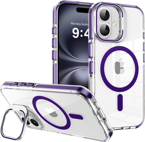 Pouzdro pro iPhone 17, pro MagSafe, se stojánkem, průhledné s fialovými vložkami