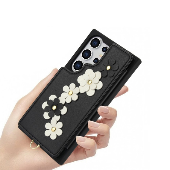 Pouzdro pro Samsung Galaxy S25 Ultra, Leather Flower Card Slot, černé