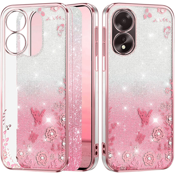 Pouzdro pro Oppo A18 4G / A38 4G, Glitter Flower, růžové rose gold