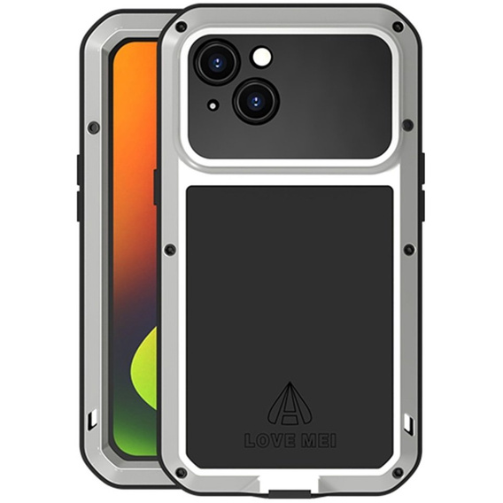 Pouzdro Love Mei pro iPhone 14, armored with glass, stříbrné