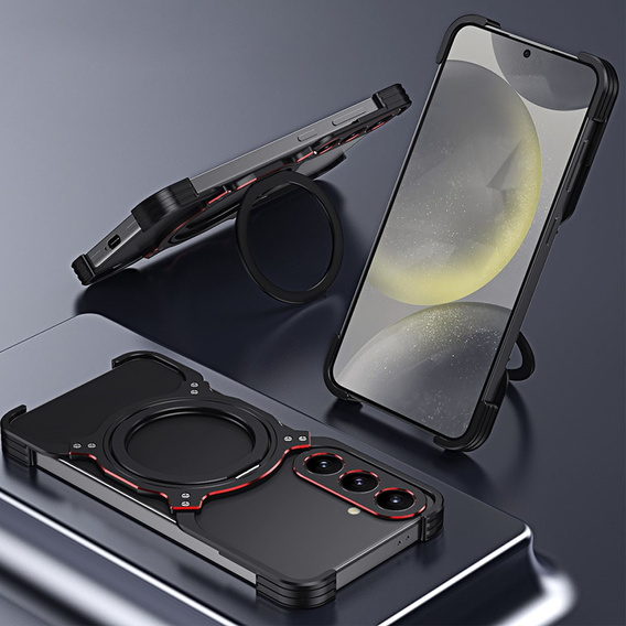 Pouzdro pro Samsung Galaxy S25, Kickstand Bumper, s krytem objektivu, pro MagSafe, černá / stříbrná
