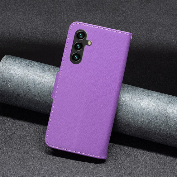 Klopové pouzdro pro Samsung Galaxy A15, Wallet Litchi Leather, fialové + 9H sklo 