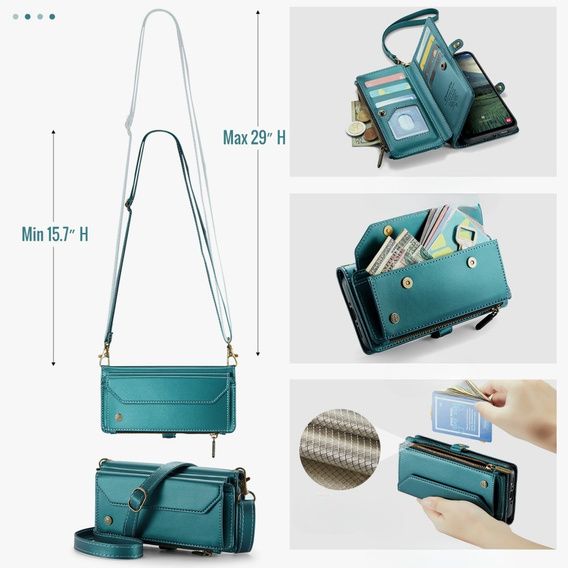 Pouzdro CASEME pro Samsung Galaxy A56 5G, RFID Leather Wallet, s popruhem přes rameno, zelené