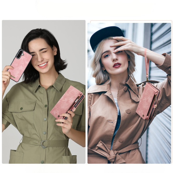 CASEME pouzdro pro Samsung Galaxy A56 5G, Retro Leather Wallet, s páskem, růžové