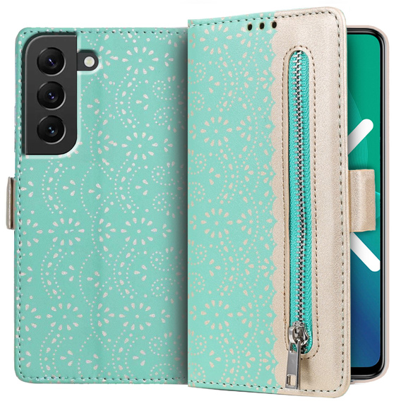 Flipové pouzdro pro Samsung Galaxy S22+ Plus 5G, Wallet Pocket Zipper Lace, zelené