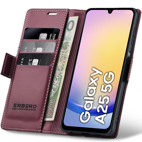 Pouzdro pro Samsung Galaxy A25 5G, ERBORD Glossy Litchi, flipová peněženka, červené