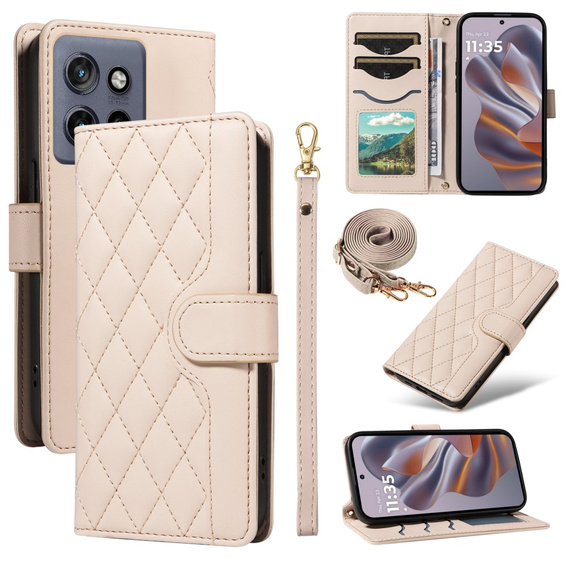 Pouzdro s klopou pro Motorola Edge 50 Neo / Motorola ThinkPhone 25, Rhombus Crossbody Leather, béžové