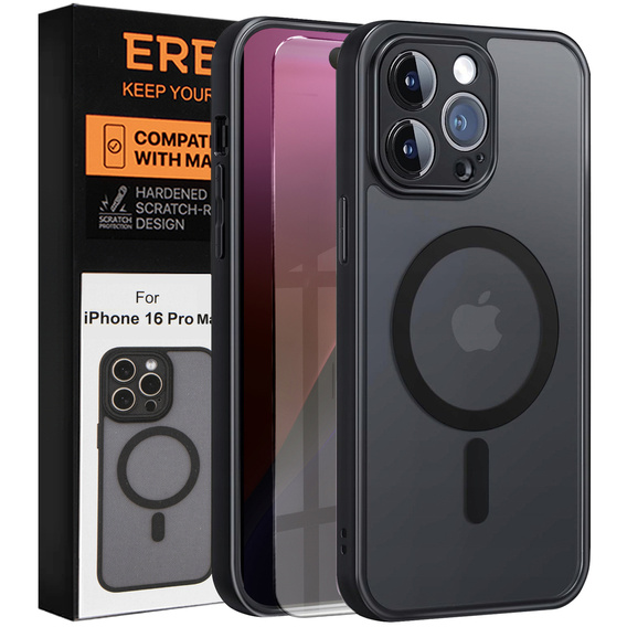 Pouzdro pro iPhone 16 Pro Max, pro MagSafe, ERBORD Matt Case, černý + sklo na displej
