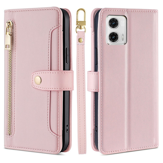 Klopové pouzdro pro Motorola Moto G73 5G, Wallet Zipper Pocket, růžové