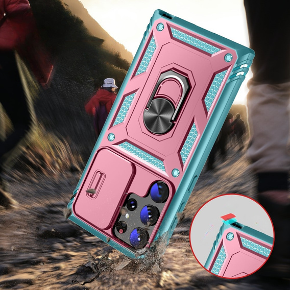 Pouzdro pro Samsung Galaxy S23 Ultra, CamShield Slide, růžové/ zelený