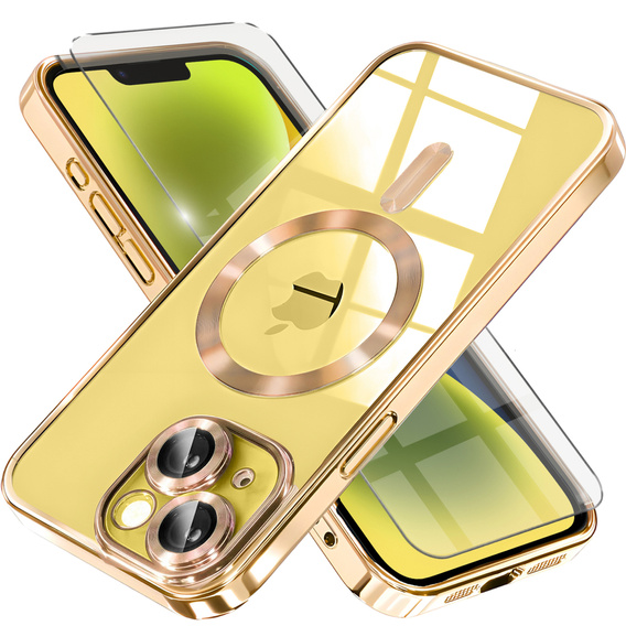 Pouzdro pro iPhone 14 Plus, Electro MagSafe, zlaté + sklo na displej