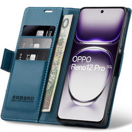 Pouzdro pro Oppo Reno 12 Pro, ERBORD Glossy Litchi, flipová peněženka, modré