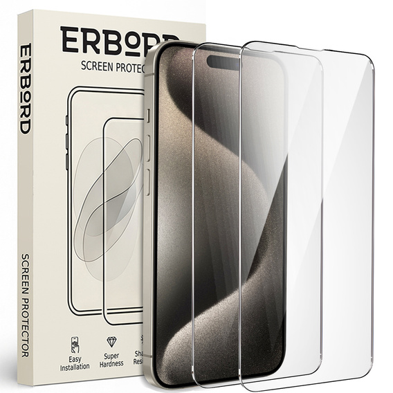 2x tvrzené sklo pro iPhone 15 Pro, ERBORD 9H Hard Glass na displeji