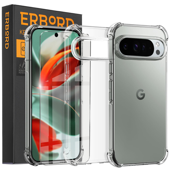 Pouzdro pro Google Pixel 9 / Pixel 9 Pro, Erbord Dropproof, průhledné + sklo