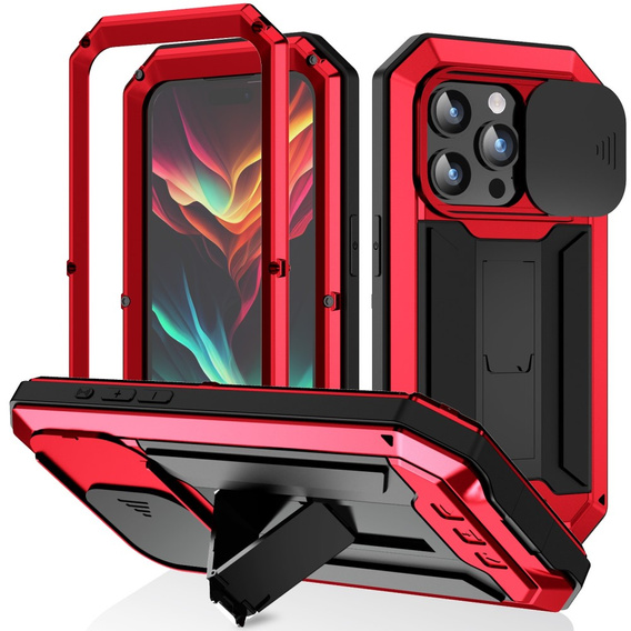 Pouzdro pro iPhone 15 Pro Max, R-JUST CamShield Slide, pancéřované, červené / černé