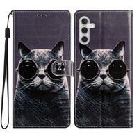 Klopové pouzdro pro Samsung Galaxy A25 5G, Wallet, Cat, černé+ 9H sklo