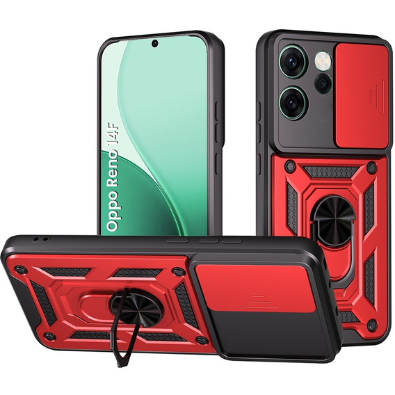 Pancéřové pouzdro pro Oppo Reno 14F, s ochranou fotoaparátu, se stojánkem, červené
