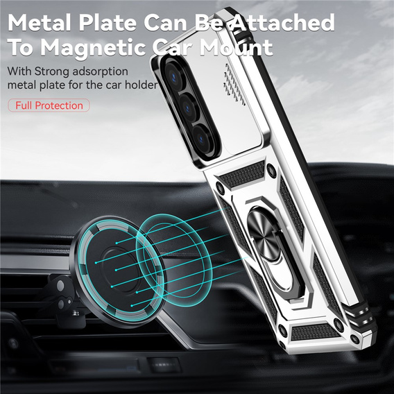 Pevné pouzdro s podstavcem a krytem objektivu pro Samsung Galaxy S26 Plus, stříbrné