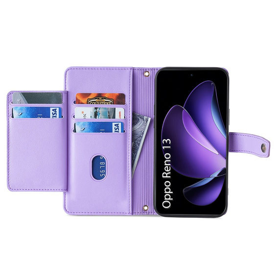 Klopové pouzdro pro Oppo Reno 13, Wallet Zipper Pocket, fialové