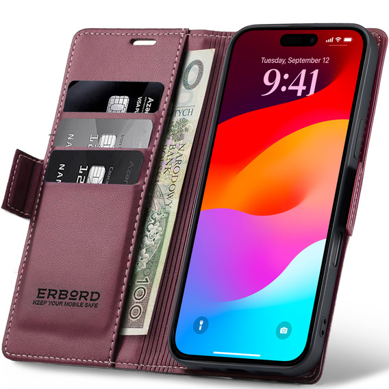 ERBORD Lesklé pouzdro Litchi, flipová peněženka pro iPhone 17 Pro Max