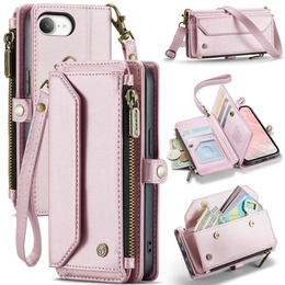 Pouzdro CASEME pro iPhone16E, RFID Leather Wallet, s popruhem přes rameno, růžové